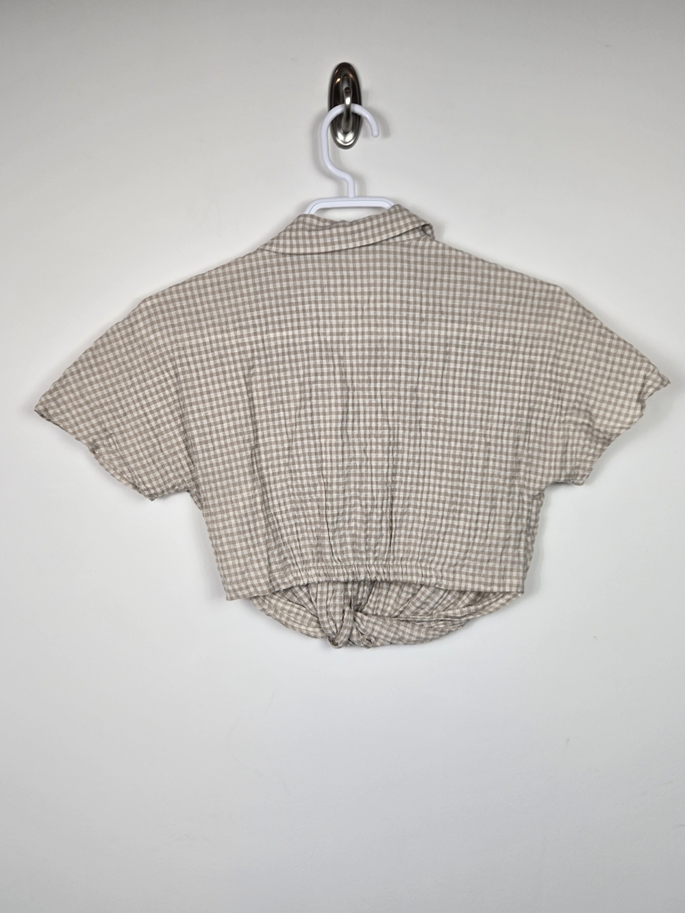 Zara Girls Gingham Twist Front Crop Top Beige Check Linen Blend Size 9 NWOT - Picture 5 of 5